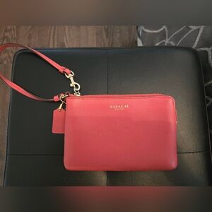 Coach Coral Pink Saffiano Leather Wristlet with Gold Hardware